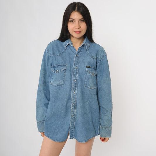 90s Osh Kosh Light Blue Denim Shirt Snap Button Western Medium