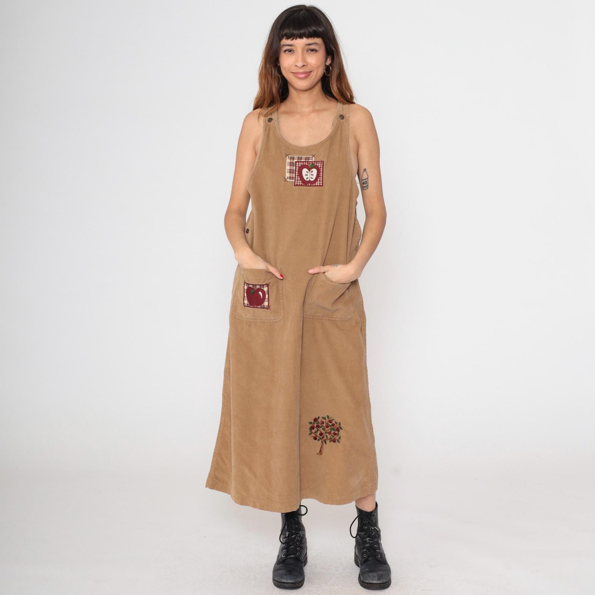 90s Mandal Bay Corduroy Jumper Dress Tan Apple Embroidery Maxi Large L