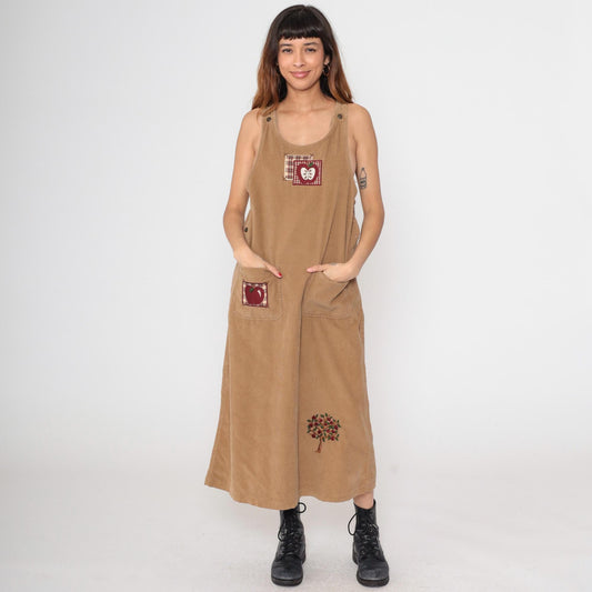 90s Mandal Bay Corduroy Jumper Dress Tan Apple Embroidery Maxi Large L