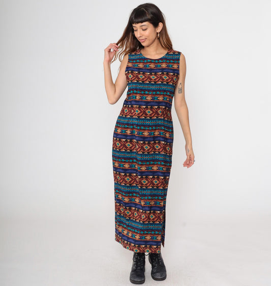 90s J Stevens Southwestern Geometric Maxi Dress Navy Sleeveless Medium M