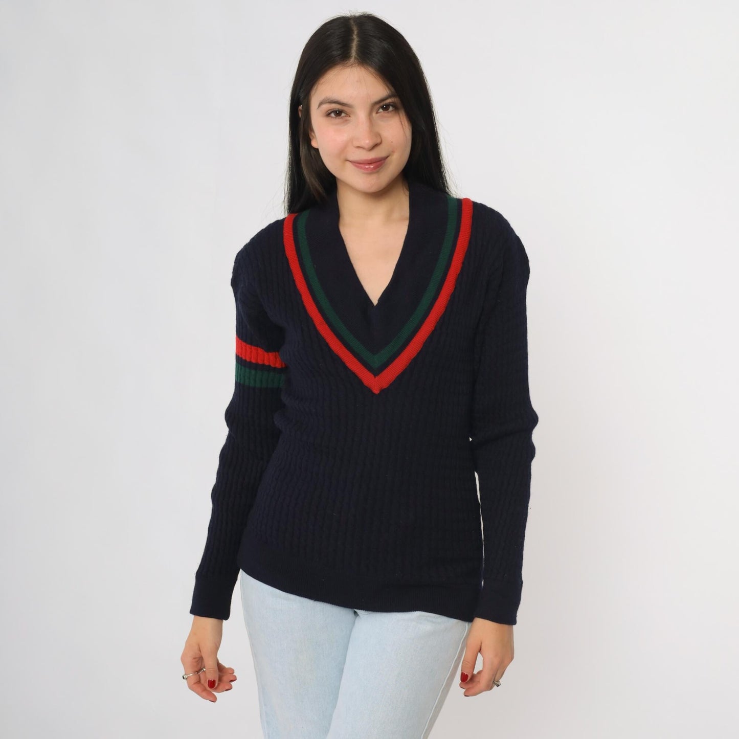 80s Abercrombie & Fitch Cricket Sweater Navy Wool V-Neck Striped Small
