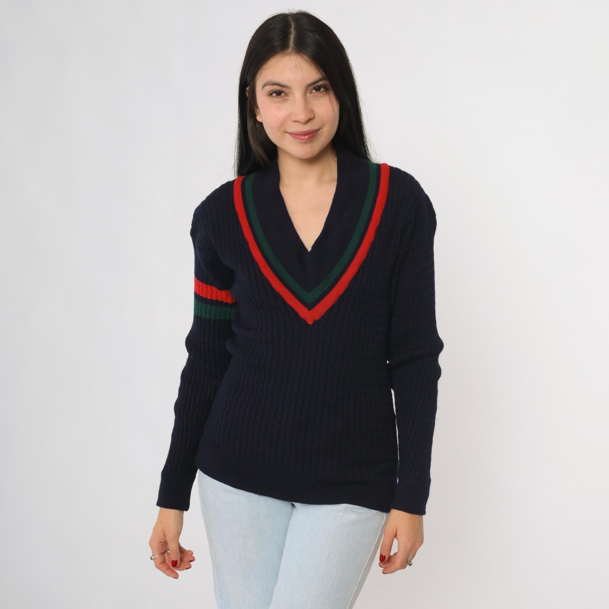 80s Abercrombie & Fitch Cricket Sweater Navy Wool V-Neck Striped Small