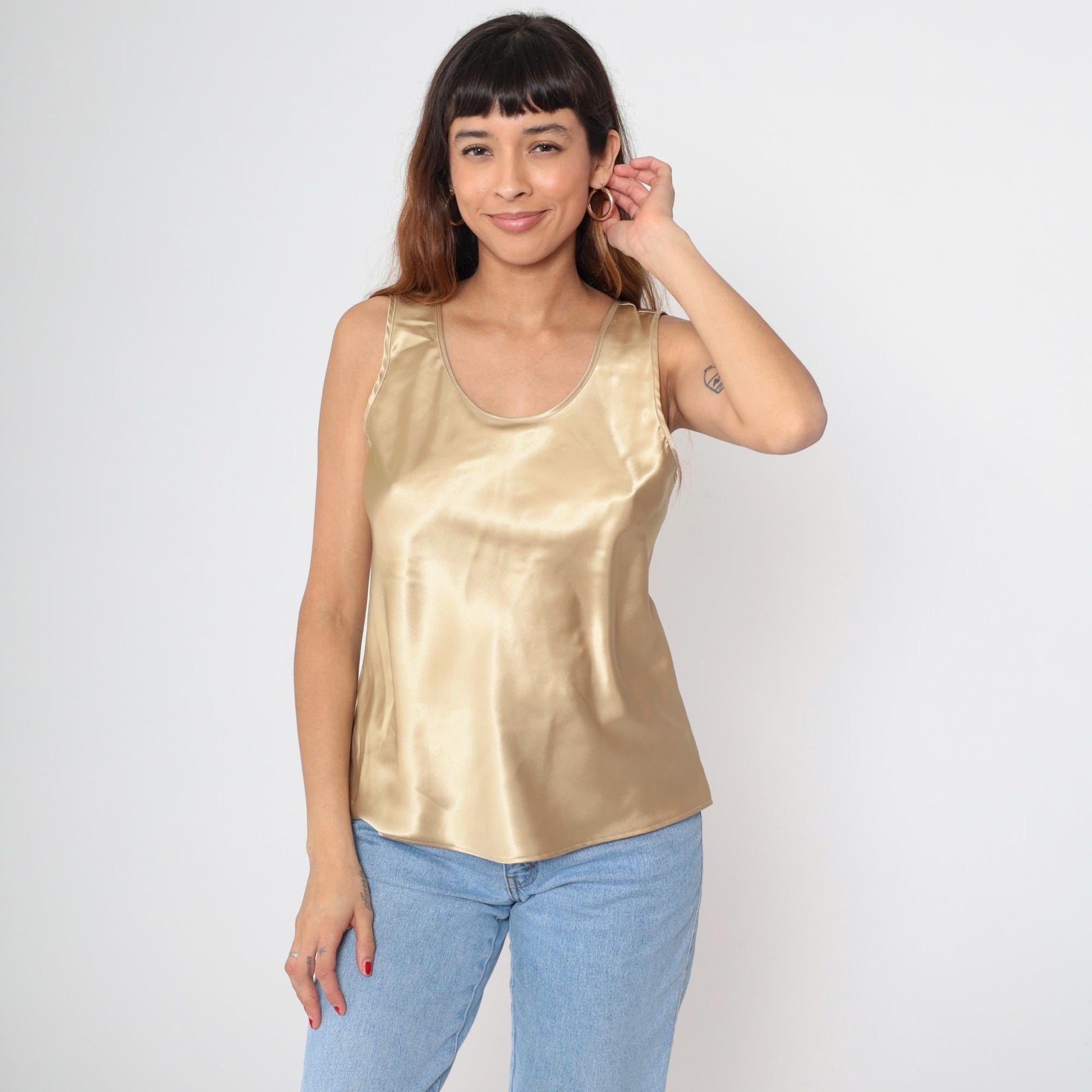 90s Gold Satin Cami Tank Top Sleeveless Blouse Large L