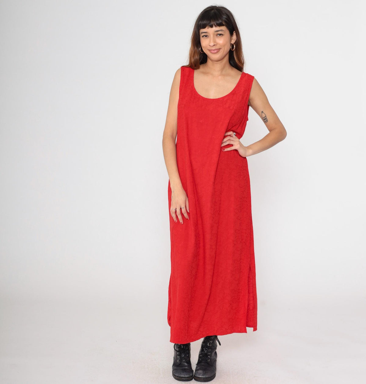 90s Red Rayon Maxi Dress Sleeveless Tank Column Large L