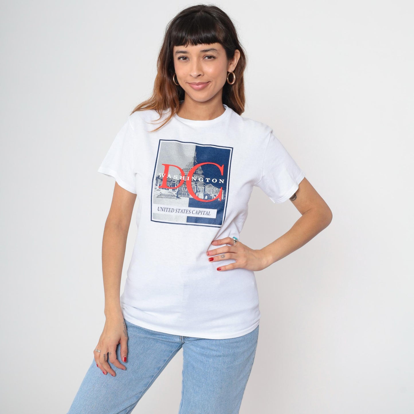 90s Washington DC Eagle Crest Graphic T-Shirt Heather White Small