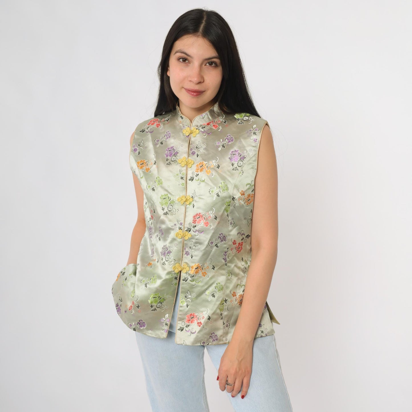 Y2K Sage Green Cheongsam Top Mandarin Collar Floral Embroidered Satin Small