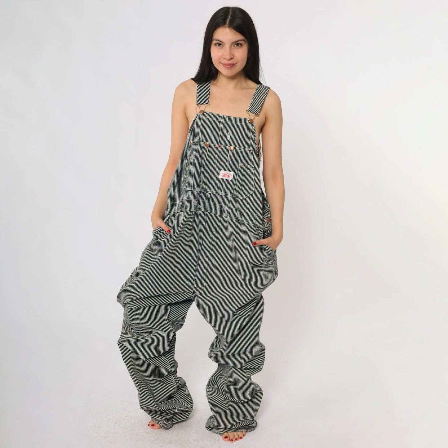 Y2K Roundhouse Railroad Stripe Denim Overalls Blue White Cotton XL