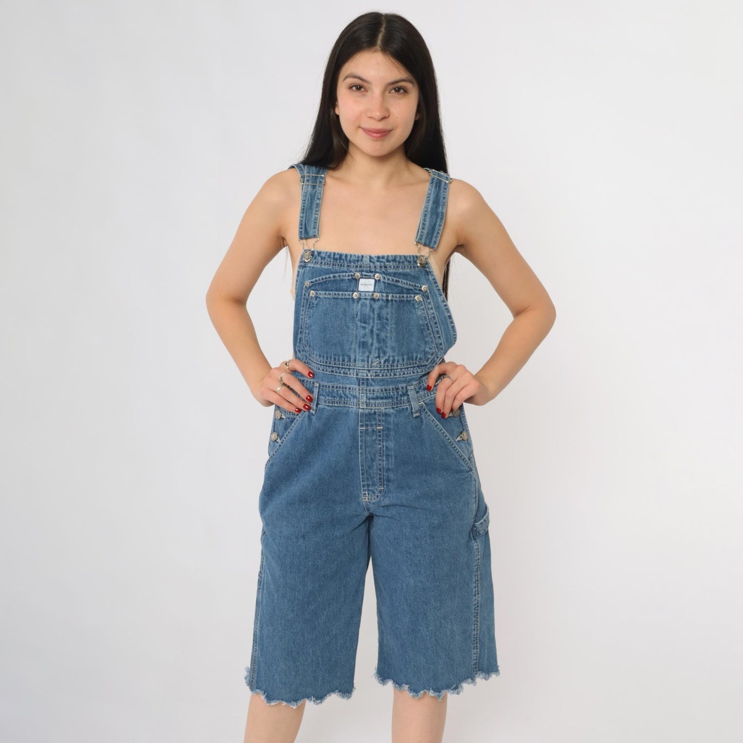 Calvin Klein Jeans 90s Denim Short Overalls Blue Cutoff Raw Hem Medium M