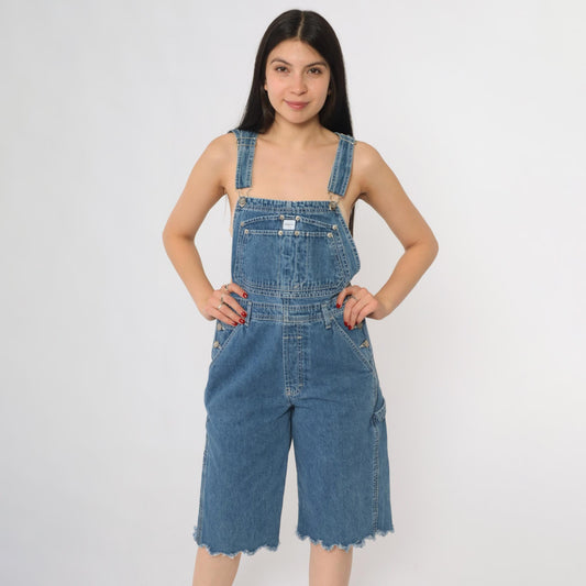 Calvin Klein Jeans 90s Denim Short Overalls Blue Cutoff Raw Hem Medium M