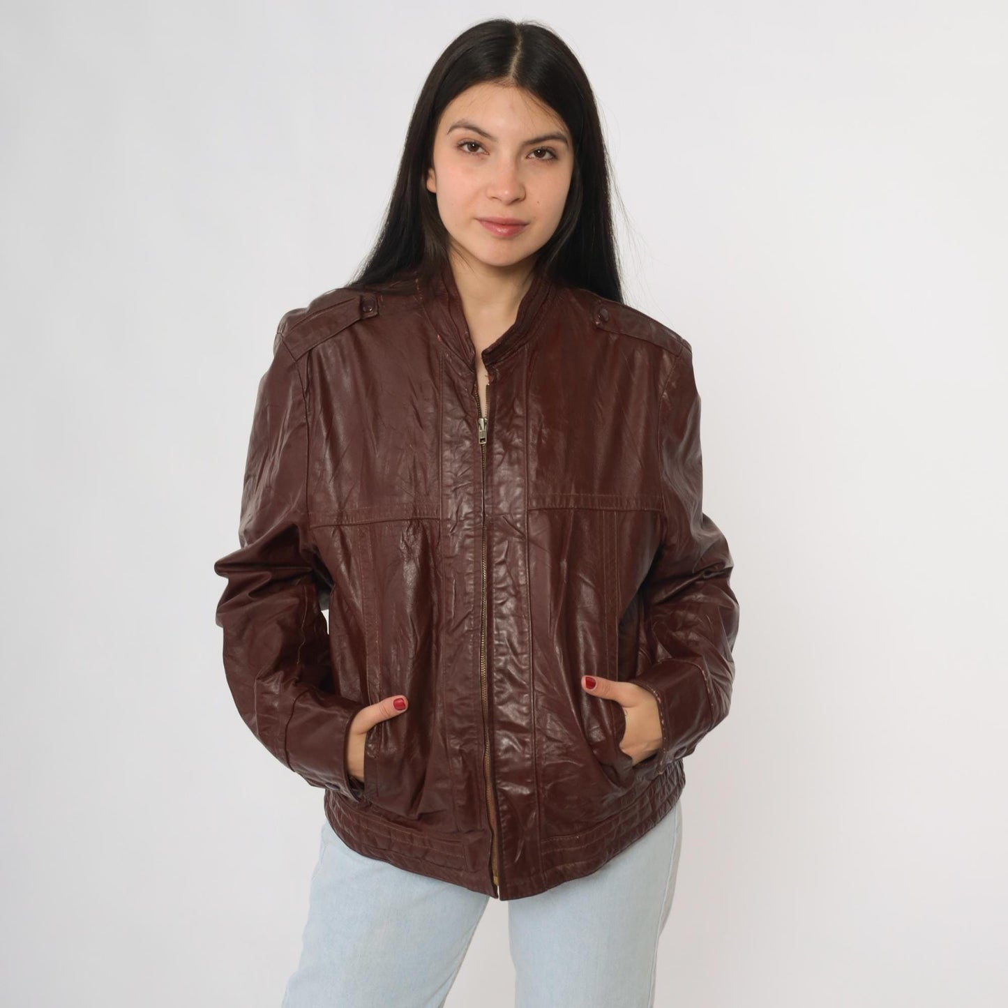 80s Brown Leather Bomber Jacket Epaulet Shoulders Zip Front Women's Medium