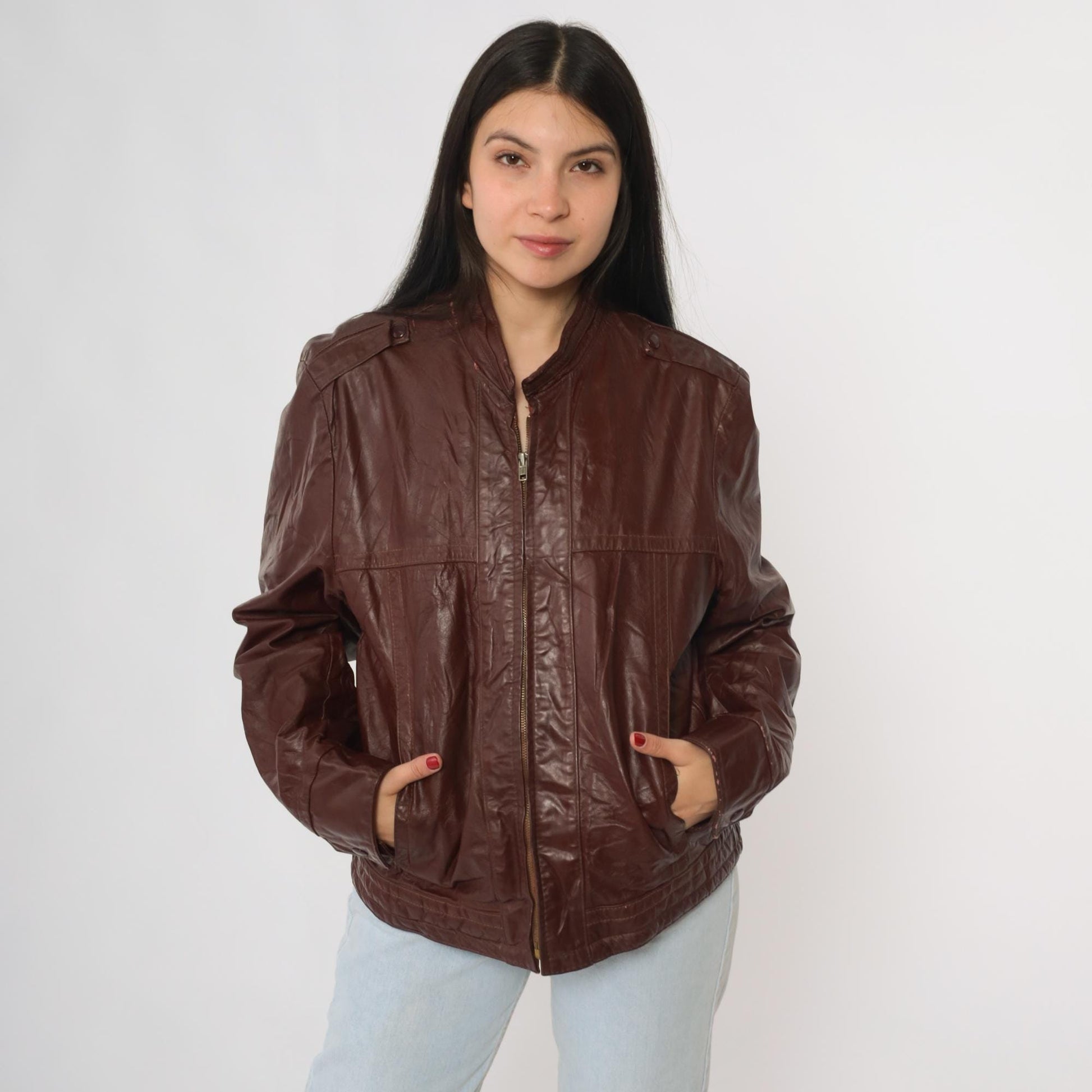 80s Brown Leather Bomber Jacket Epaulet Shoulders Zip Front Women's Medium