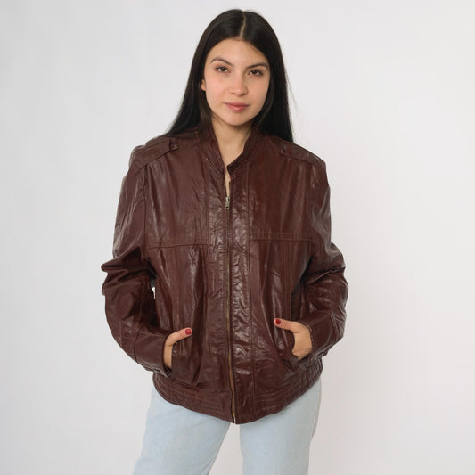 80s Brown Leather Bomber Jacket Epaulet Shoulders Zip Front Women's Medium