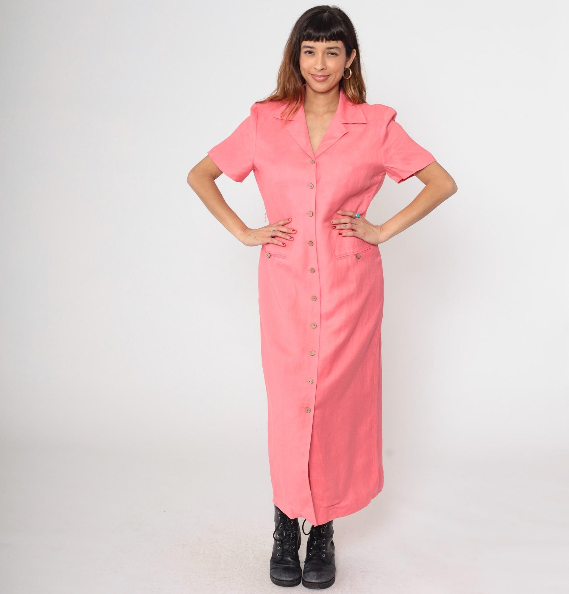 Y2K Coral Pink Linen Shirt Dress Dress Barn Button Front Maxi Large L