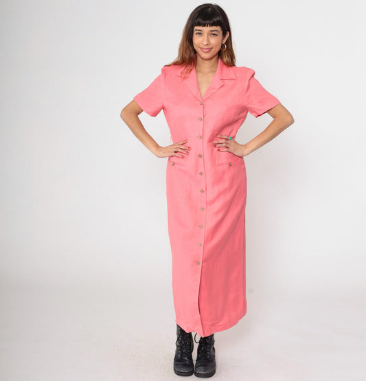 Y2K Coral Pink Linen Shirt Dress Dress Barn Button Front Maxi Large L