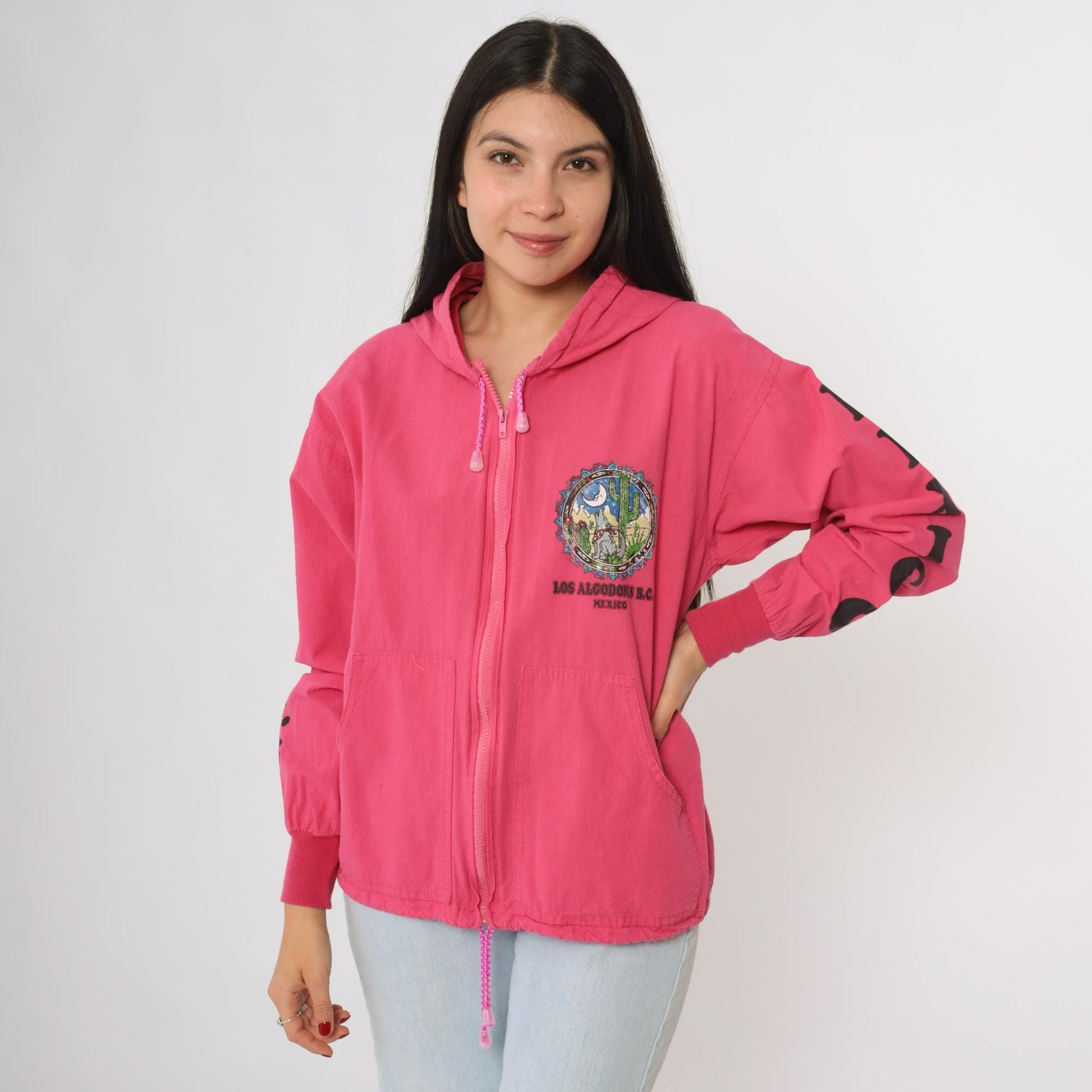 90s Los Algodones Mexico Zip Hoodie Pink Cotton Coyote Cactus Graphic Small
