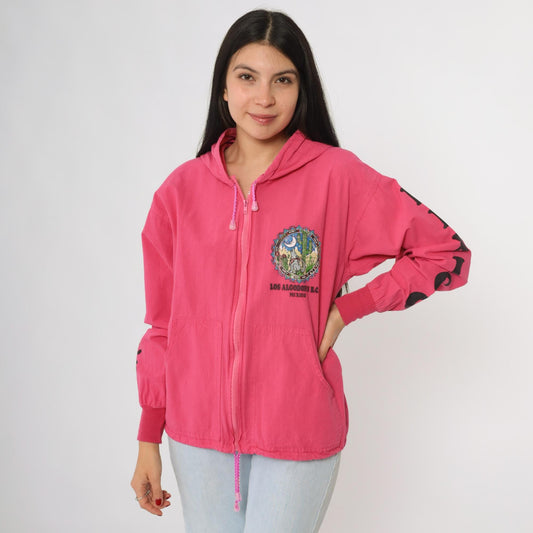 90s Los Algodones Mexico Zip Hoodie Pink Cotton Coyote Cactus Graphic Small