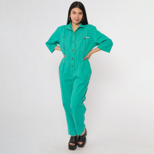 80s Ideas Turquoise Jumpsuit Button-Up Cotton Workwear Medium M