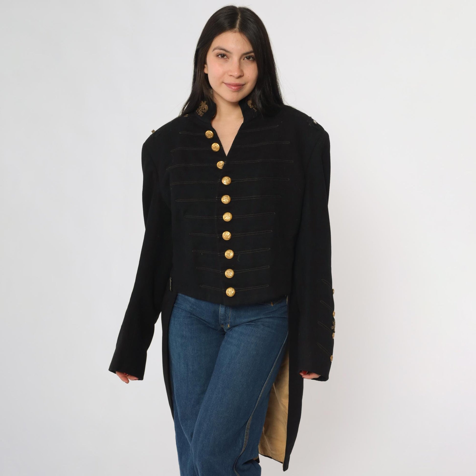 60s Black Wool Military Jacket Gold Buttons Embroidered Officer Coat Medium Large