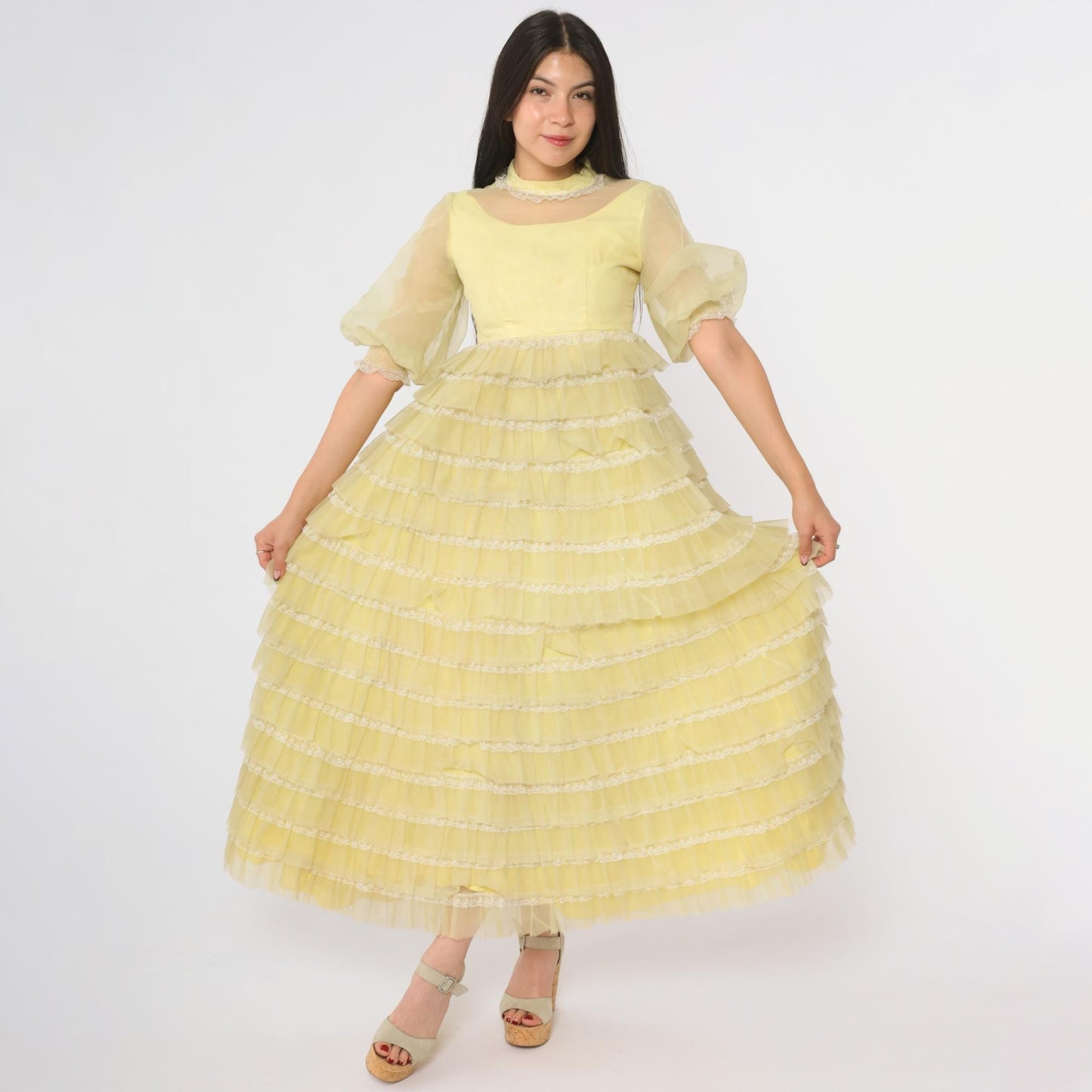 60s Yellow Maxi Dress Tiered Puff Sleeve Lace Trim Extra Small XS