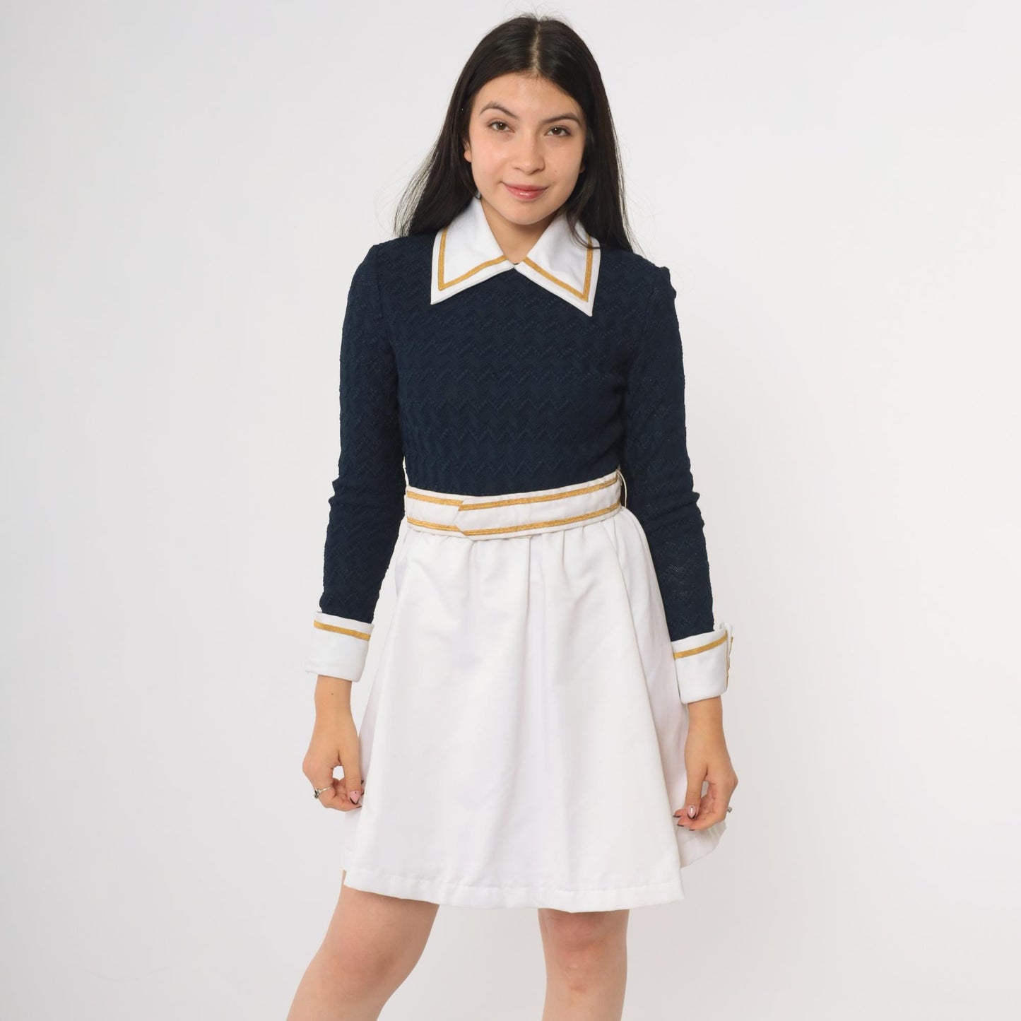 70s Navy Mini Dress Peter Pan Collar Gold Trim A-Line Long Sleeve Extra Small
