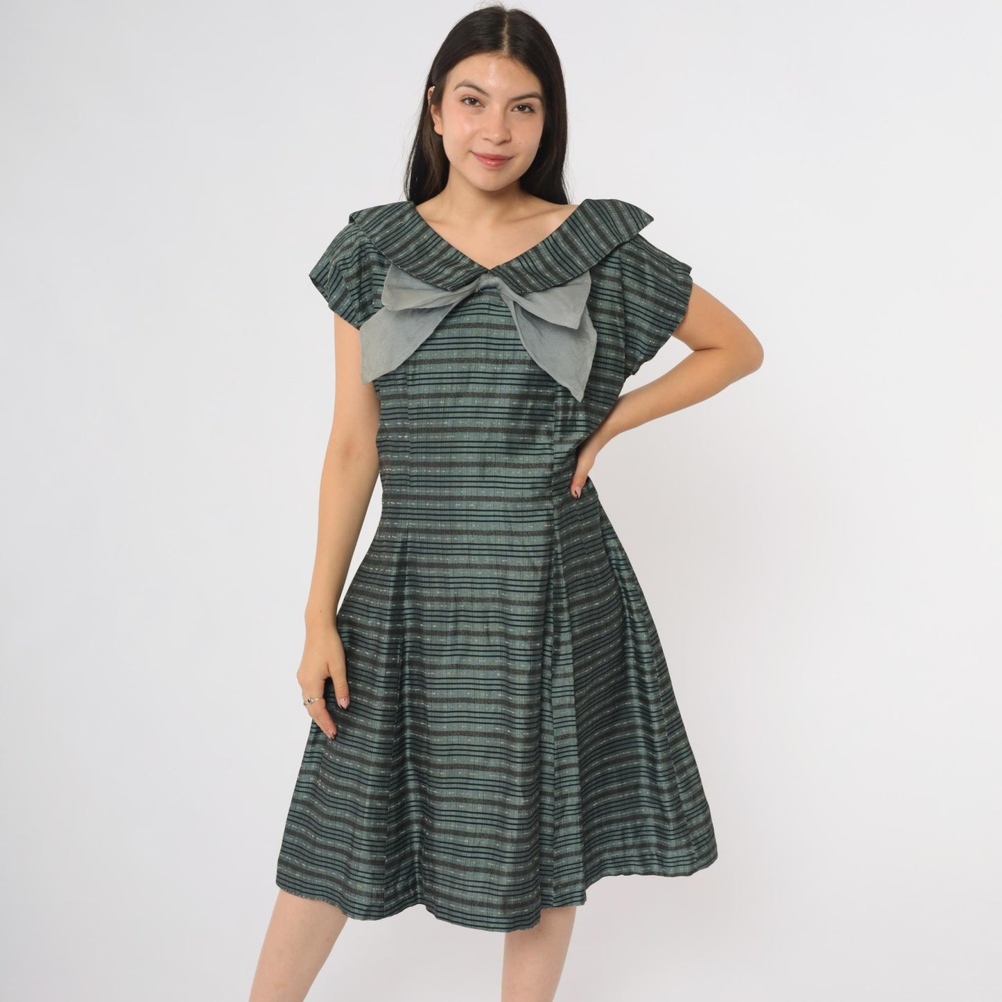60s Gray Striped Bow Dress A-Line Midi Cap Sleeve V-Neck Large L