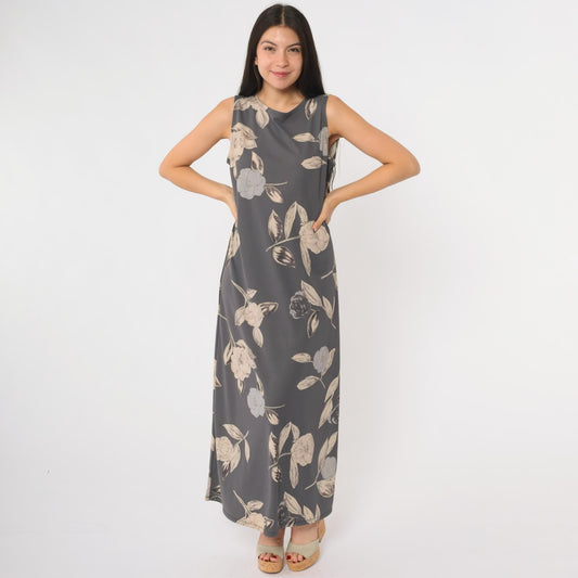 90s Kathie Lee Collection Grey Floral Maxi Dress Sleeveless Tank Medium M