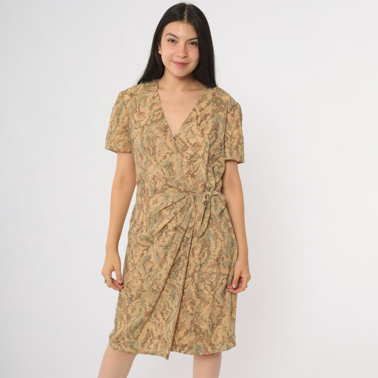 90s Talbots Snake Print Wrap Dress Short Sleeve V-Neck Beige Brown Medium