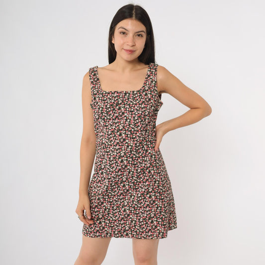 90s Black Floral Mini Dress Square Neck Sleeveless Bodycon Ditsy Print Medium