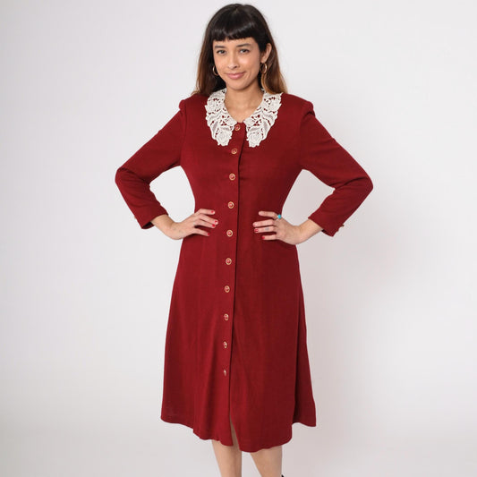 80s Lourejann Burgundy Midi Dress Peter Pan Collar Lace Small