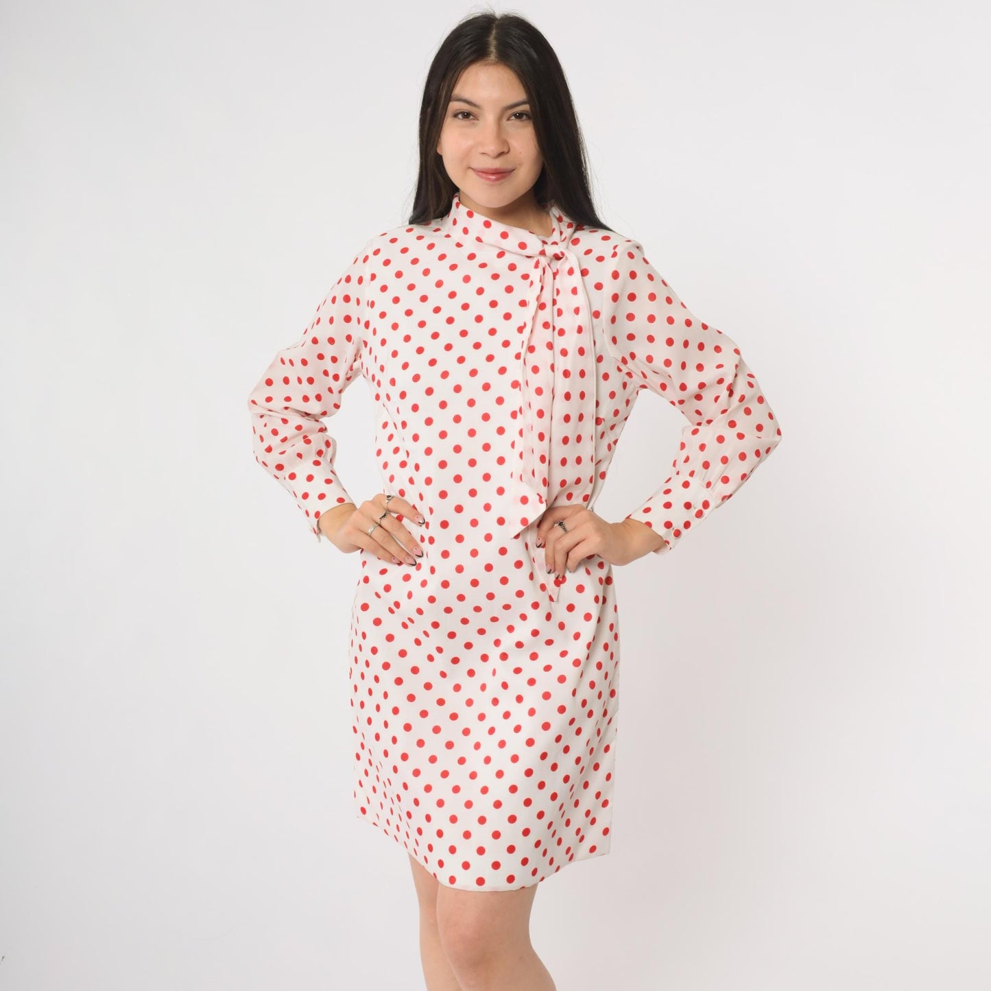 60s Mod Polka Dot Mini Dress Ascot Bow Tie Long Sleeve White Red Medium M