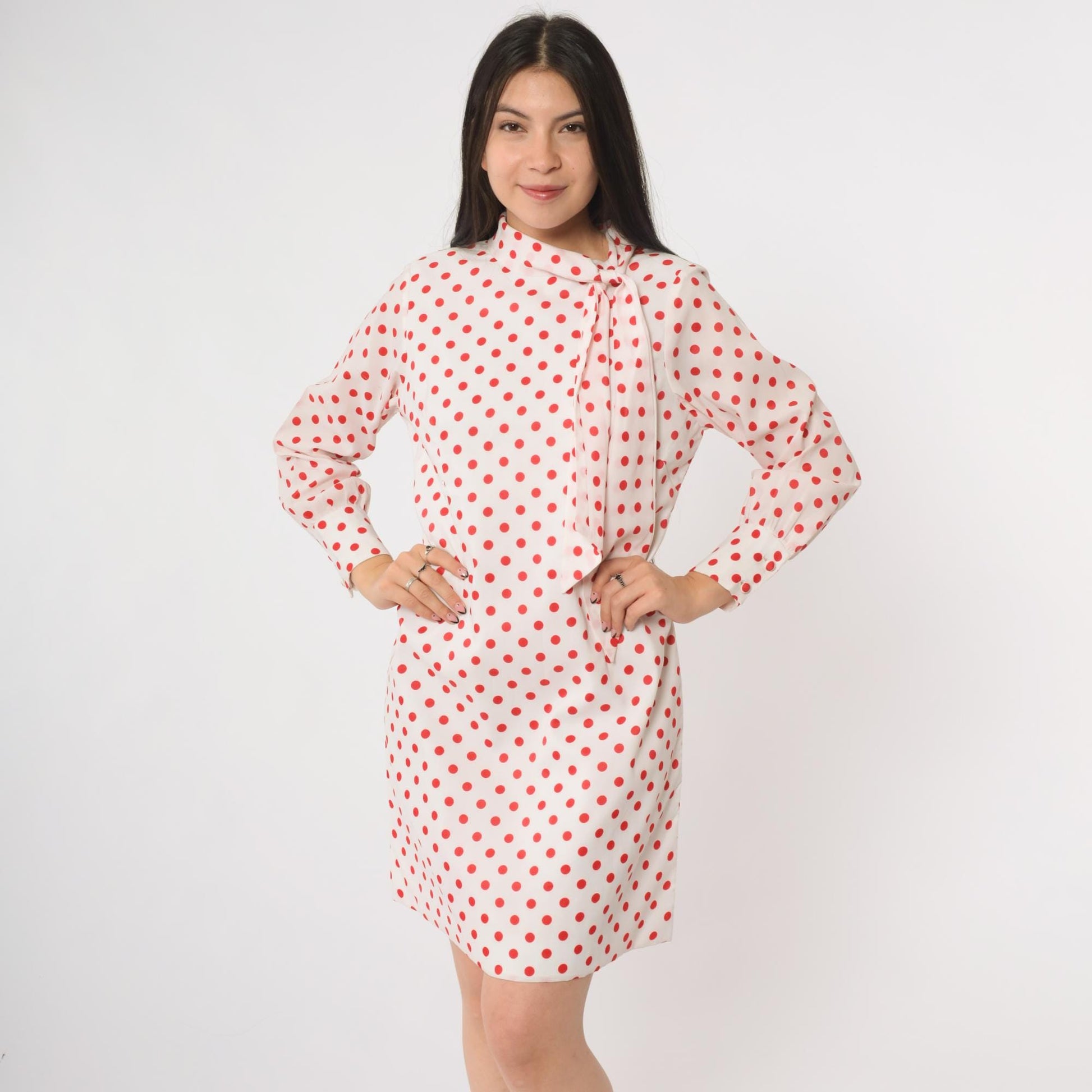 60s Mod Polka Dot Mini Dress Ascot Bow Tie Long Sleeve White Red Medium M