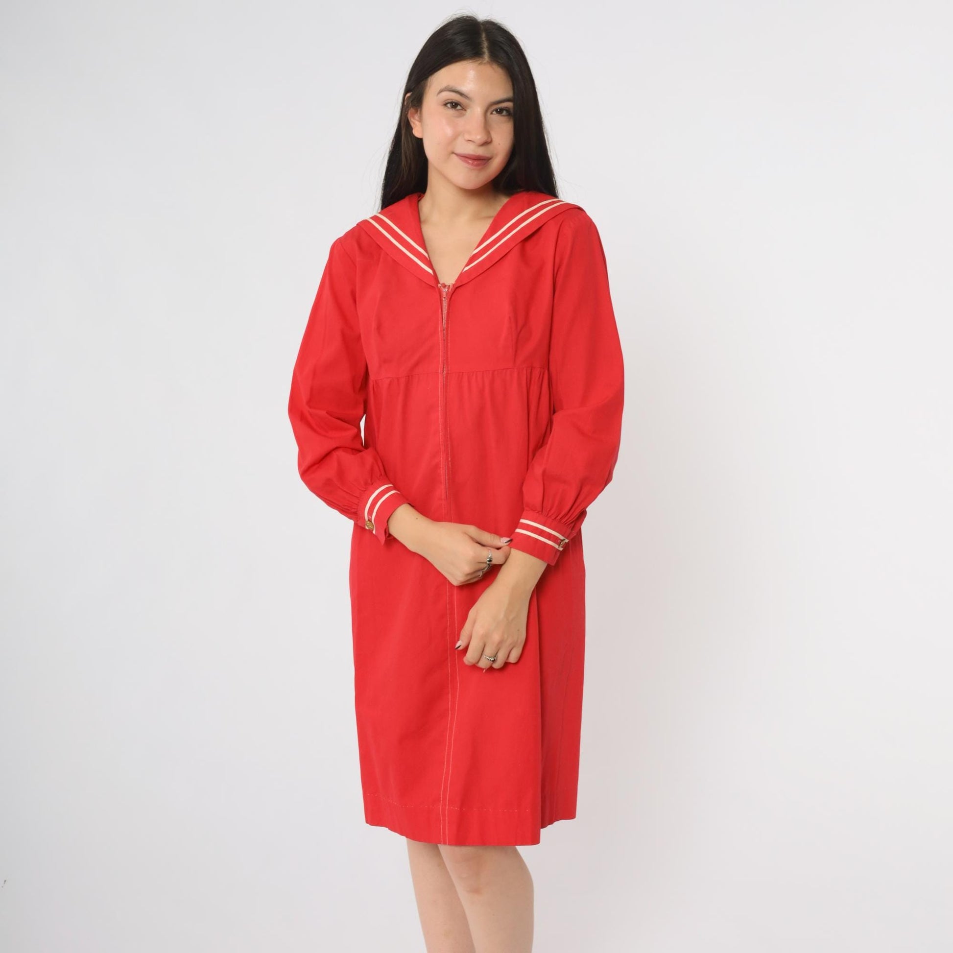 60s Mr. Aref California Red Sailor Dress White Stripe Midi A-Line Small