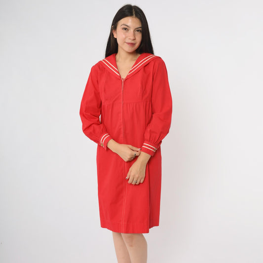 60s Mr. Aref California Red Sailor Dress White Stripe Midi A-Line Small