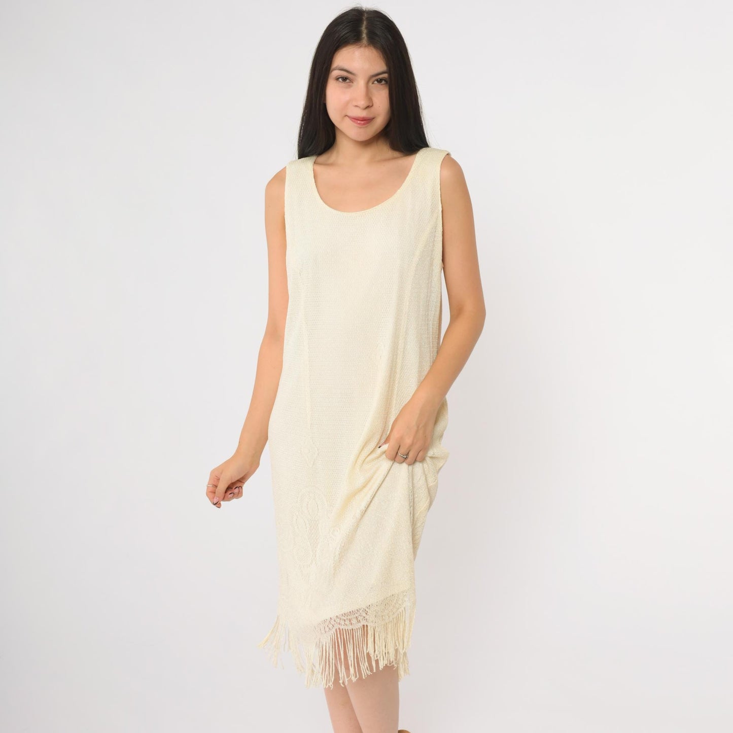 90s Onyx Nite Cream Metallic Fringe Midi Dress Scoop Neck Sleeveless Extra Large