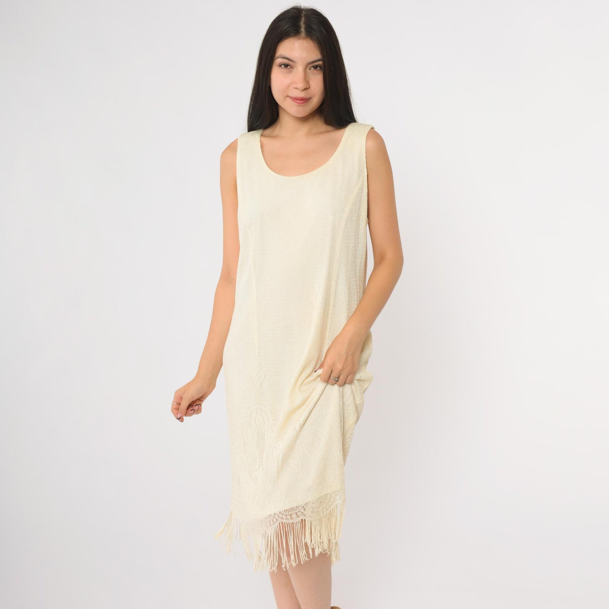 90s Onyx Nite Cream Metallic Fringe Midi Dress Scoop Neck Sleeveless Extra Large