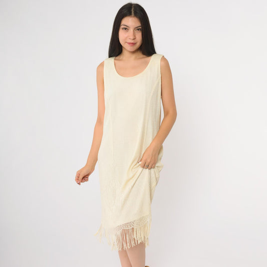 90s Onyx Nite Cream Metallic Fringe Midi Dress Scoop Neck Sleeveless Extra Large