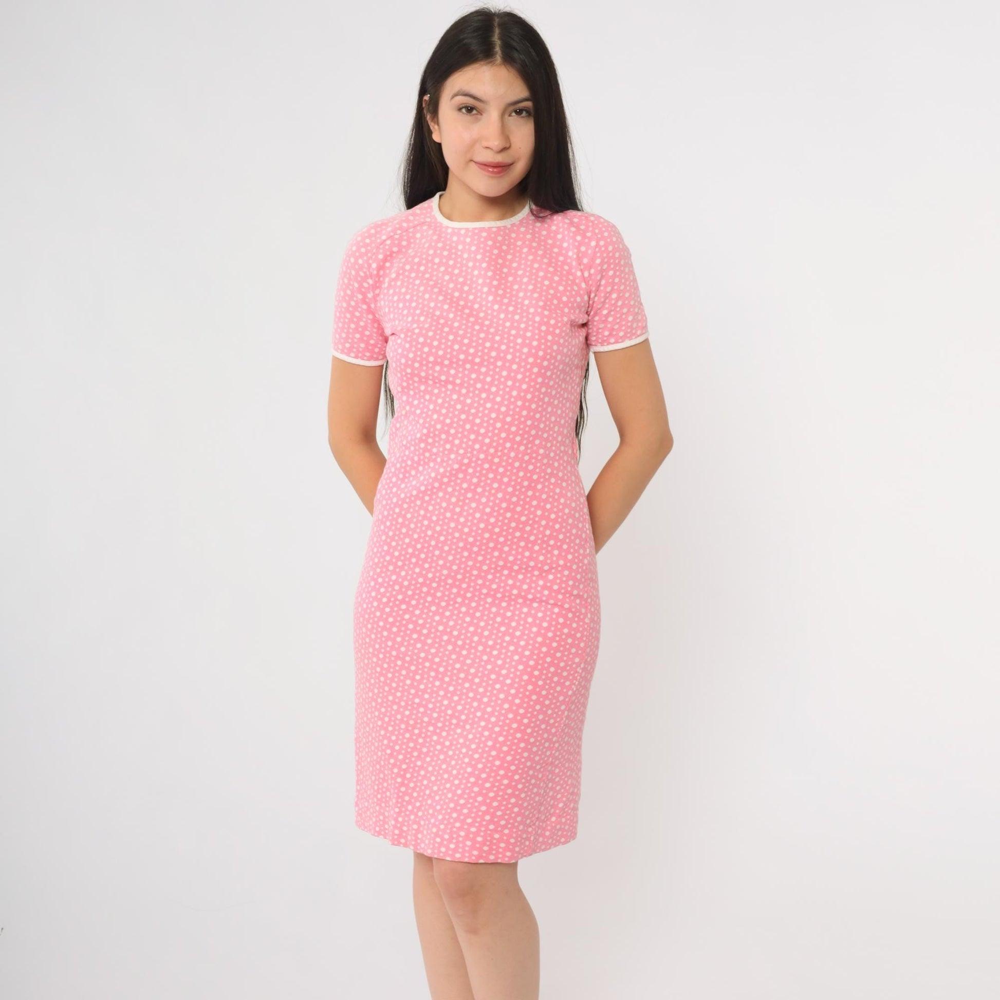 70s Catalina Sportswear Pink Polka Dot Mini Dress White Trim Large