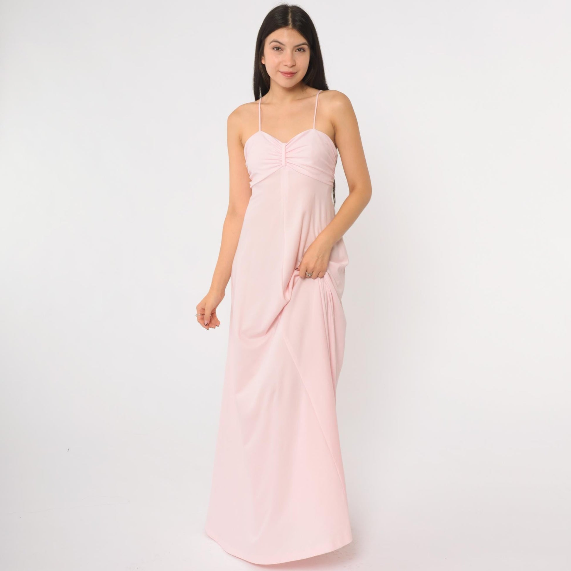 70s Pink Maxi Dress Spaghetti Strap Empire Waist Floor Length Back Zip Extra Small XS