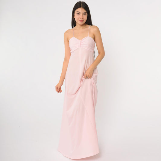 70s Pink Maxi Dress Spaghetti Strap Empire Waist Floor Length Back Zip Extra Small XS
