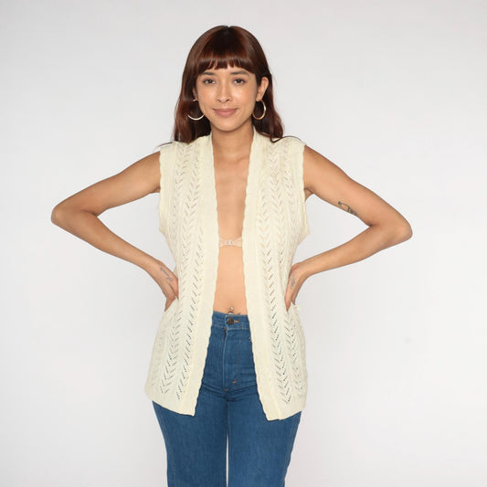 70s St Michael Cream Crochet Knit Vest Open Front Sleeveless Small
