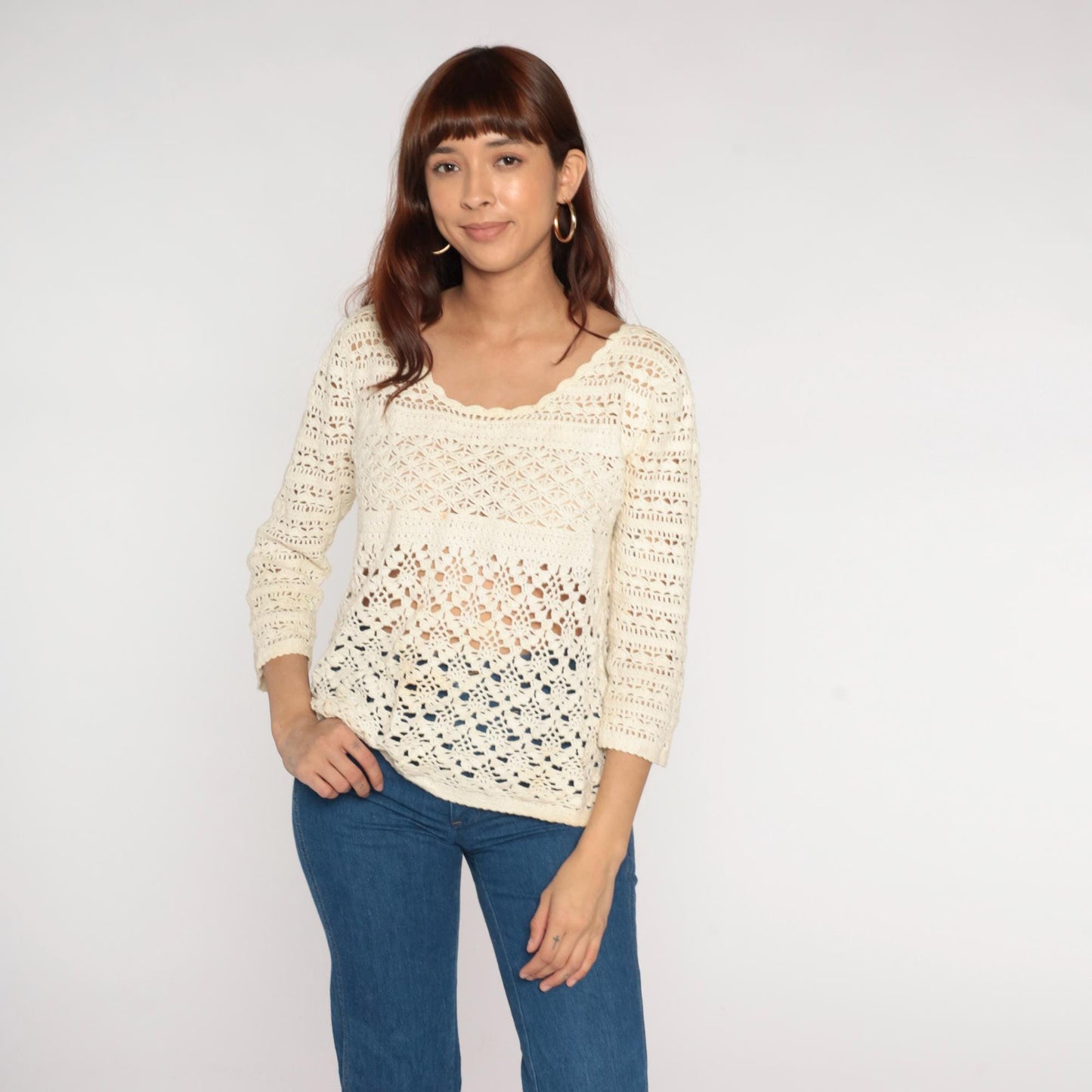 00s Lucky Brand Crochet Long Sleeve Top Cream Sheer Cutout Large L