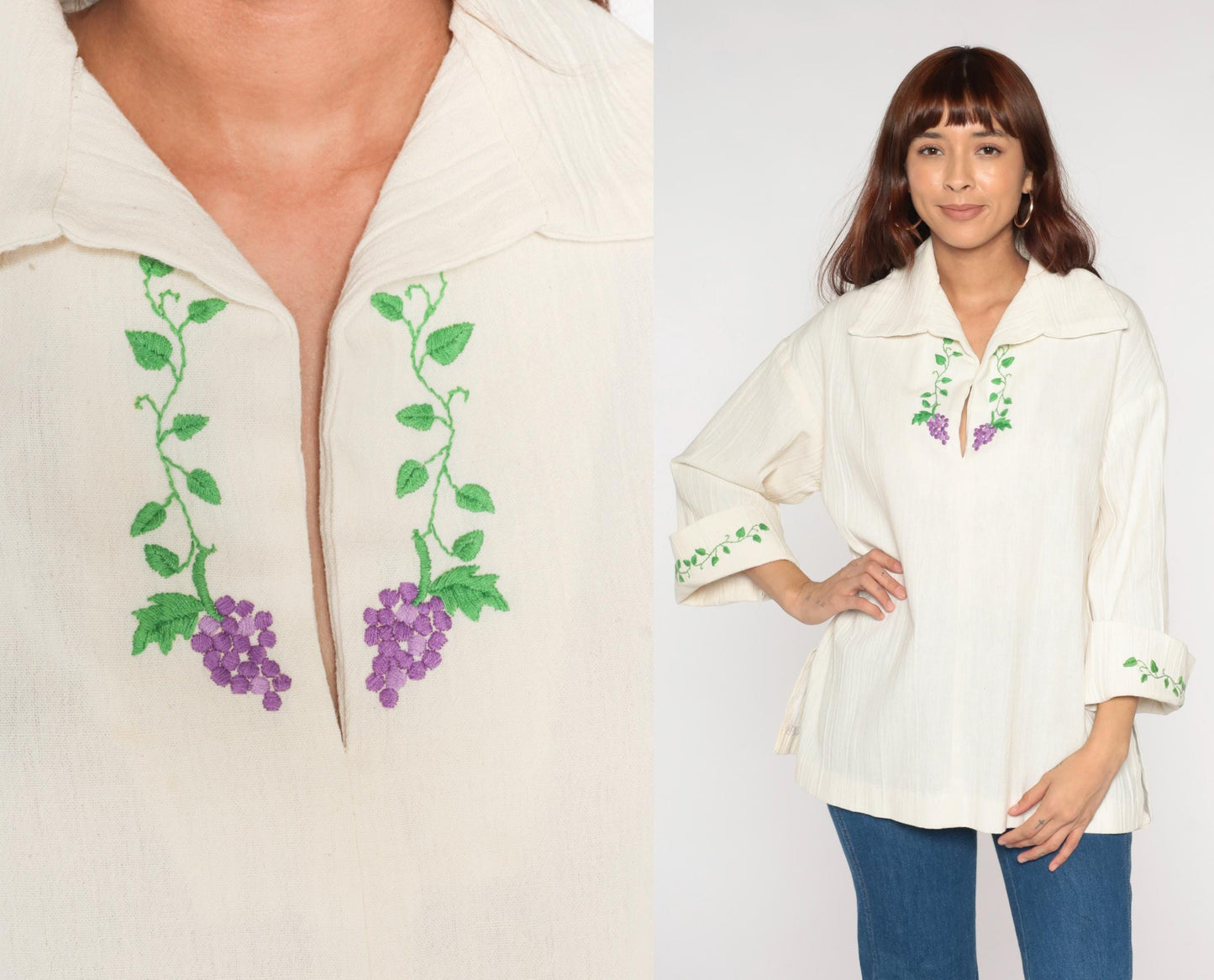 70s Cream Peasant Blouse Purple Grape Embroidery Bell Sleeves Large L