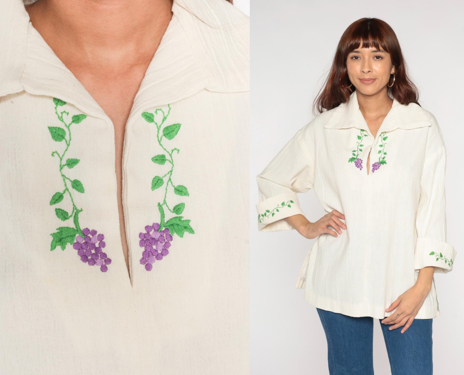 70s Cream Peasant Blouse Purple Grape Embroidery Bell Sleeves Large L