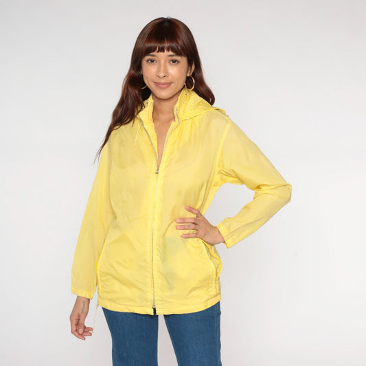 80s Yellow Nylon Hooded Windbreaker Jacket Zip-Up Medium M