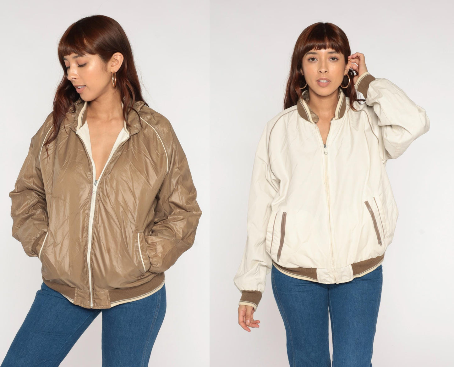 70s Reversible Windbreaker Bomber Jacket Brown Cream Zip Mens Large