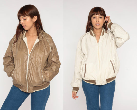 70s Reversible Windbreaker Bomber Jacket Brown Cream Zip Mens Large