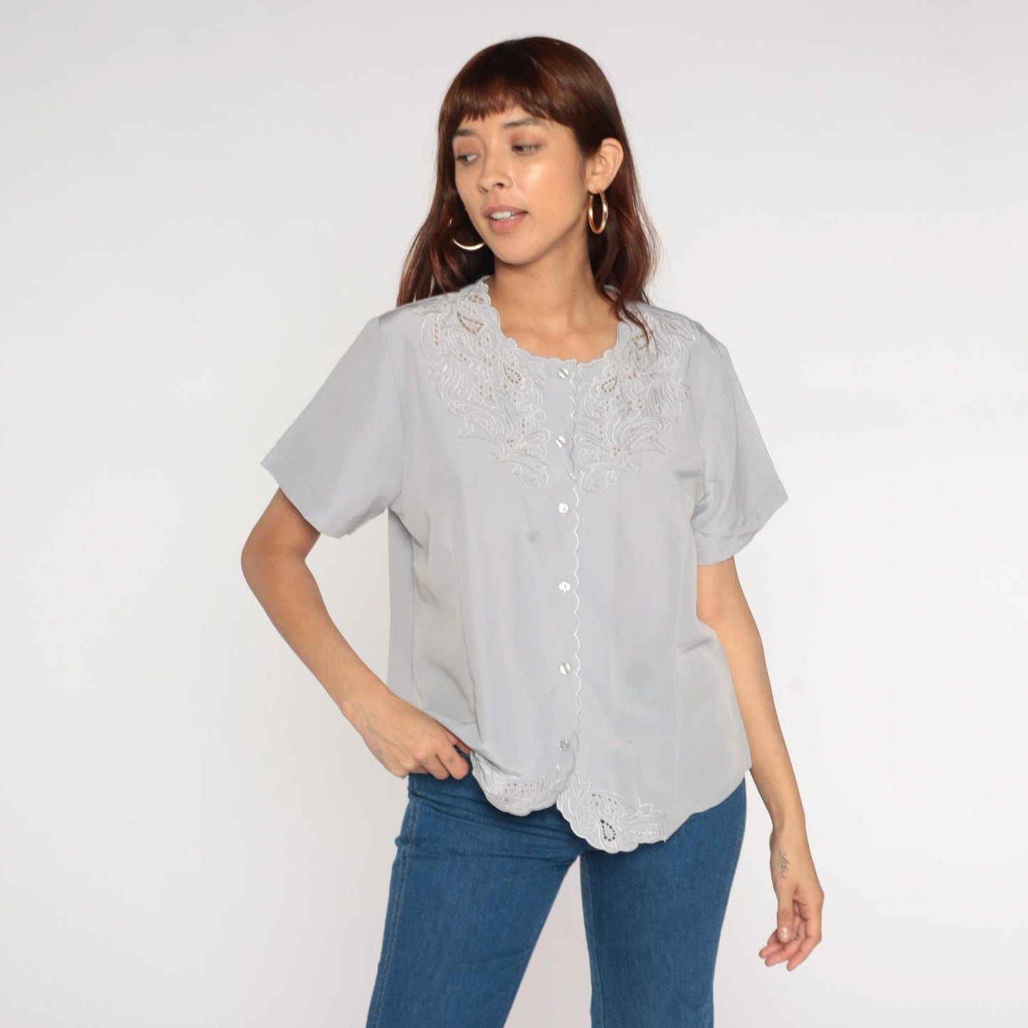 Y2K Anthony Richards Grey Embroidered Blouse Cutwork Paisley Scalloped Hem Medium