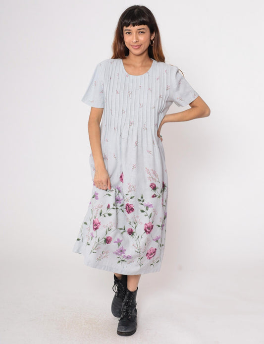 90s Miss Dorby Grey Floral Midi Dress Pink Purple Pleated Linen Large L