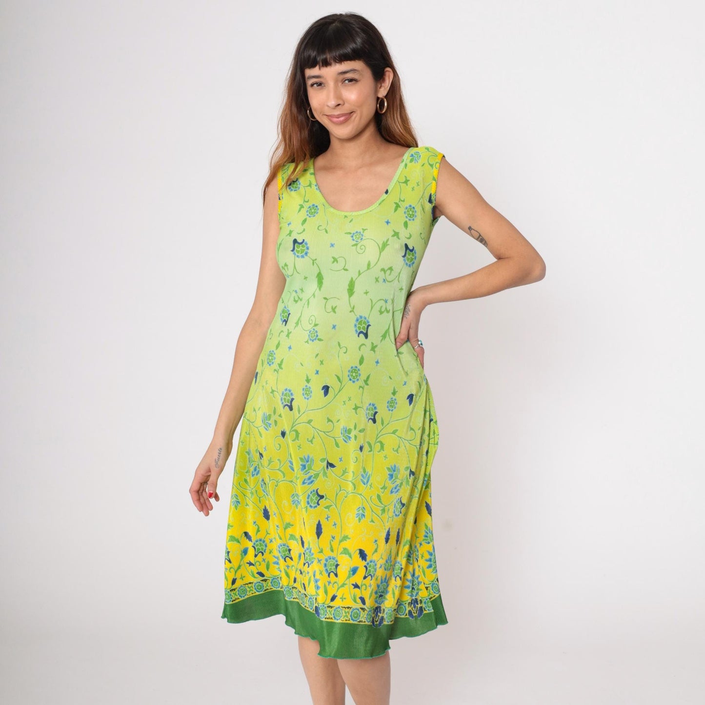 90s La Fete Lime Ombre Midi Dress Floral Scoop Neck Sleeveless Plus Size XXL