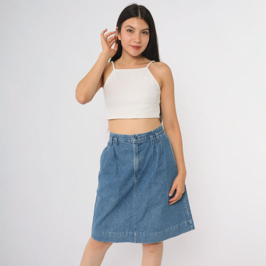90s Lands End Denim A-Line Midi Skirt High Waist Blue Cotton Large L